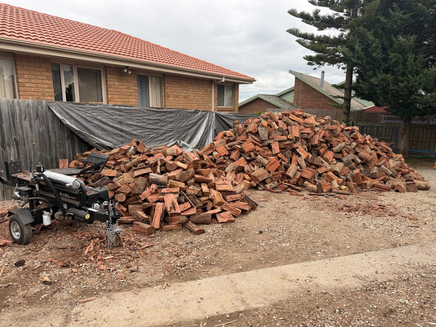 KDL Firewood Supply yard — wood splitter beside a pile of fresh-split red box