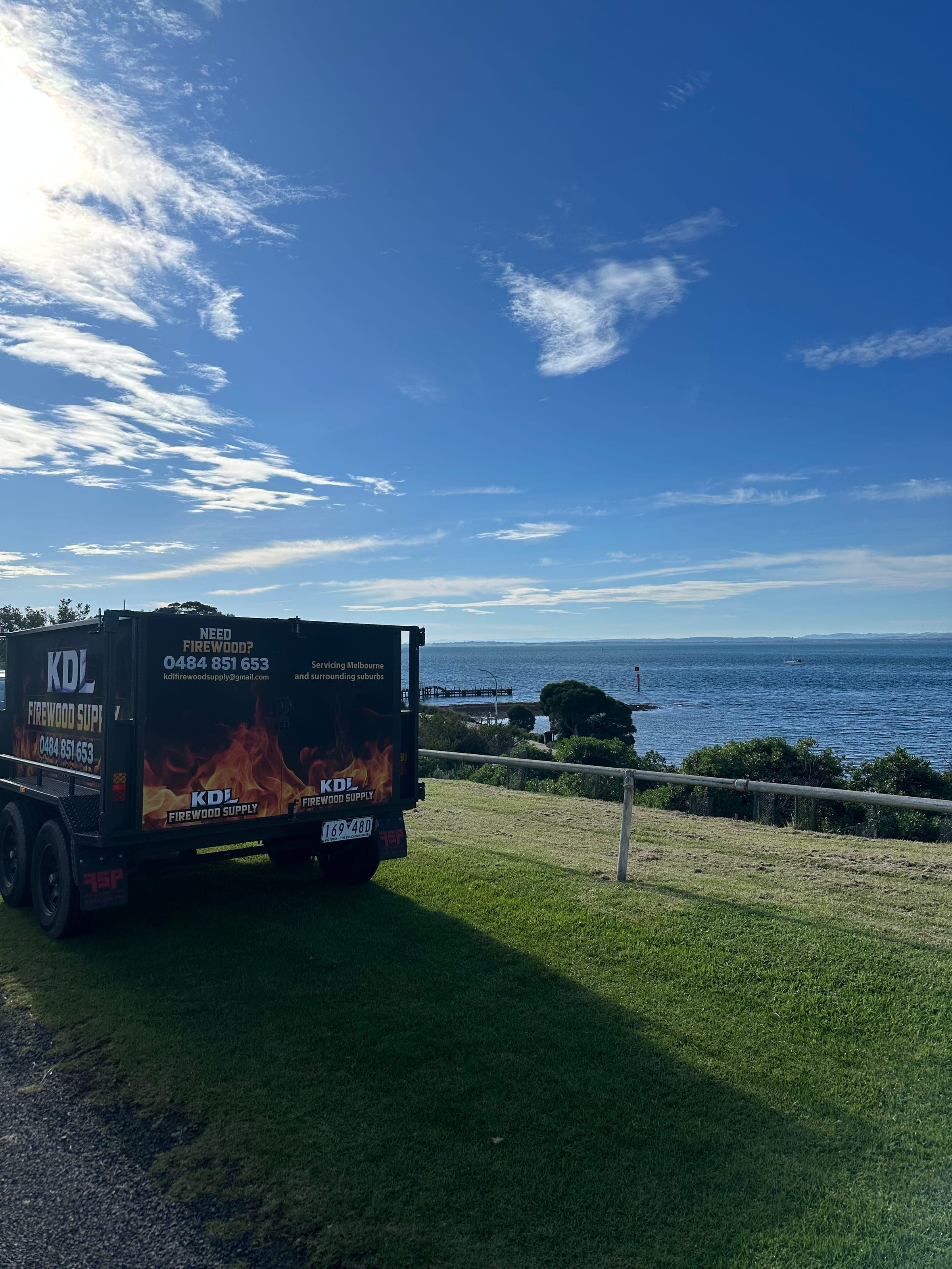 KDL Firewood Supply trailer parked by the bay on a delivery run