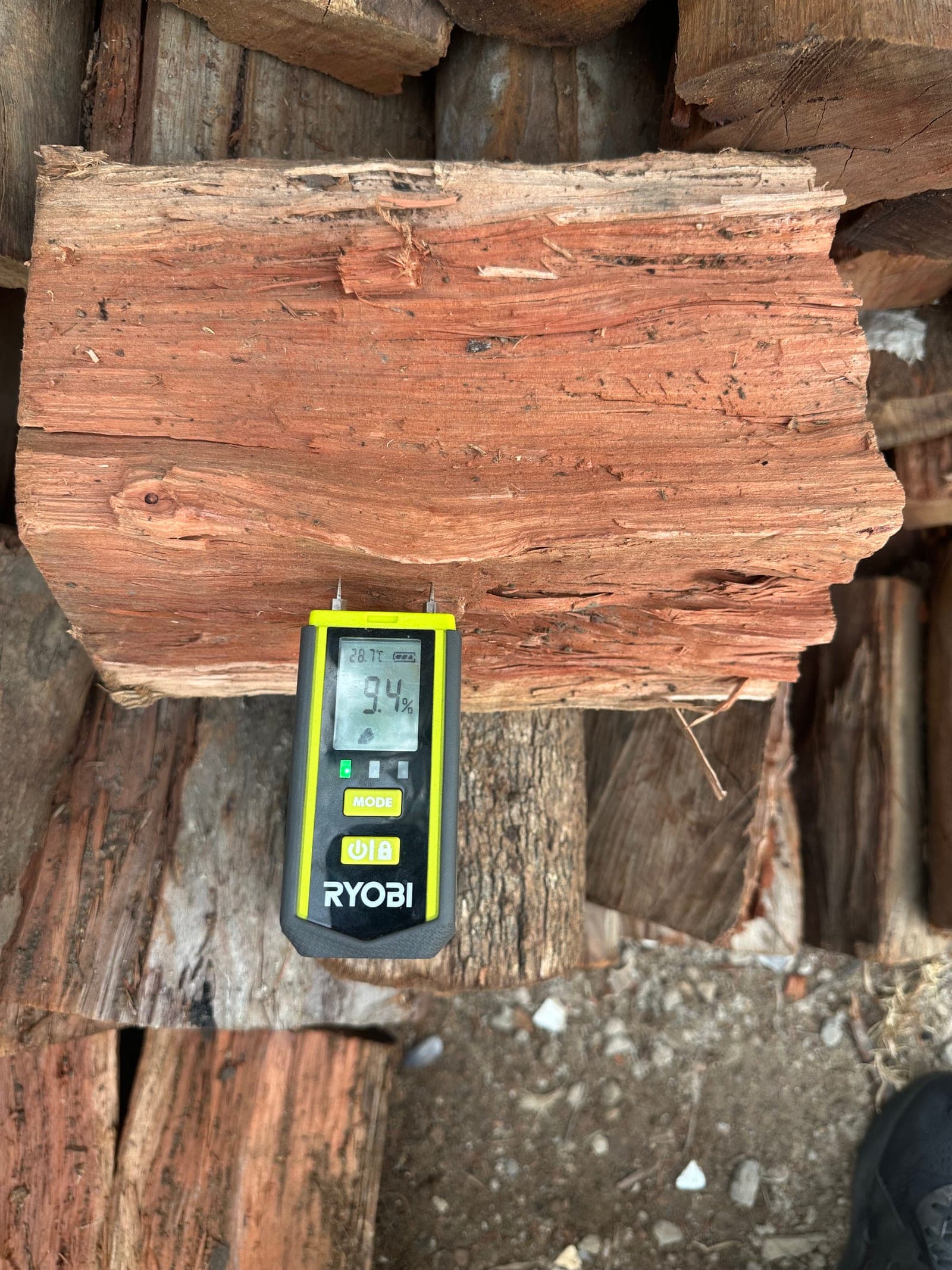 Moisture meter on split firewood reading under 12%